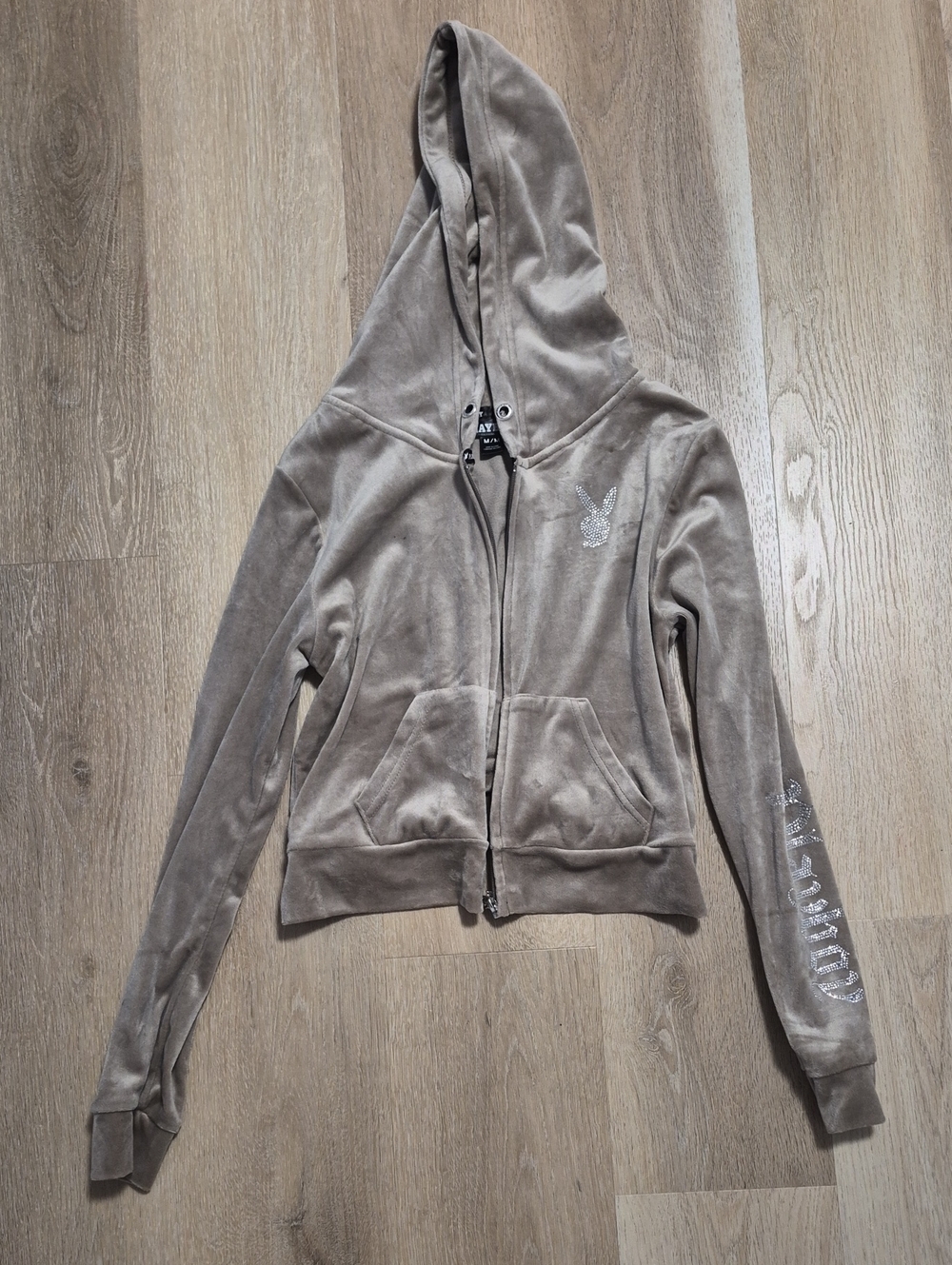 PLAYBOY Taupe Velour Zip Hoodie with Crystal Bunny